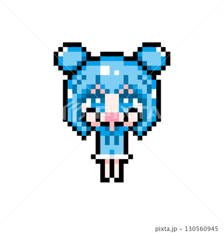 ドット絵キャラクター 両手を上げるツインお団子ヘアの女の子 (2) 130560945