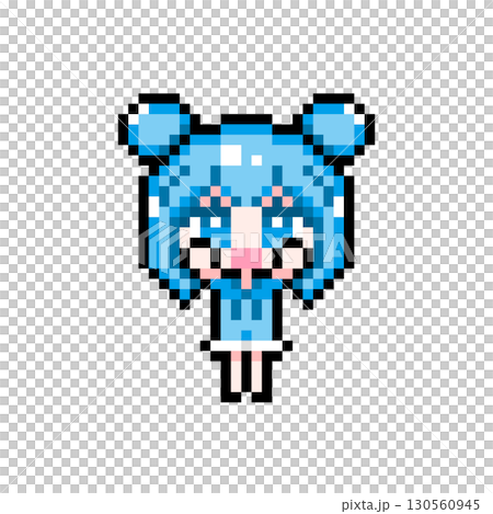 ドット絵キャラクター 両手を上げるツインお団子ヘアの女の子 (2) 130560945