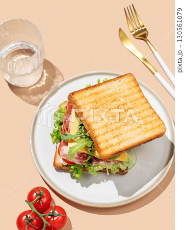 Club sandwich of toast bread with bacon, cheese, tomatoes, lettuce, arugula and sauce in a plate Club sandwich of toast bread with bacon, cheese, tomatoes, lettuce, arugula and sauce in a plate 130561079