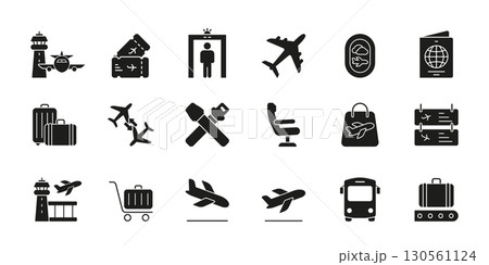 Airport And Travel Icon Set. Aviation, Security, And Passenger Experience Silhouette Symbol Collection. Includes Airplanes, Luggage, Tickets, And Passport Elements. Isolated Vector Illustration 130561124
