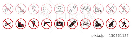 No Entry Prohibition Signs Icon Set. Smoking, Food, Photography, Weapons, Skateboarding, Cycling and Rollerblading Restriction Symbols. Public Space Rules. Isolated Vector Illustration 130561125