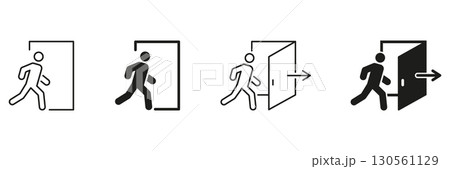 Exit Sign With Person Walking Through Door Icon Set. Emergency Exit, Safety, And Evacuation Route Symbol Collection. Directional Guidance And Wayfinding. Isolated Vector Illustration 130561129