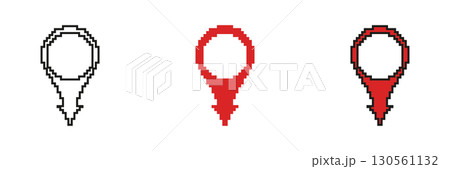 Pixel Art Map Pin Icon Set. Location Marker, Navigation, And Gps Symbol Collection. Red And Black Pixelated Design For Digital Maps And Geolocation. Isolated Vector Illustration 130561132