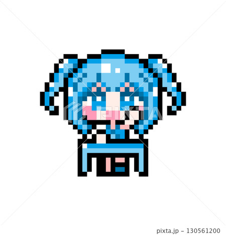ドット絵キャラクター 机に座って元気に挙手するミニツインテールの女の子 (2) 130561200