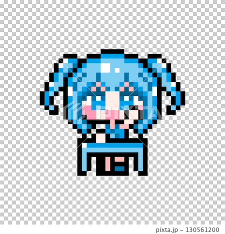 ドット絵キャラクター 机に座って元気に挙手するミニツインテールの女の子 (2) 130561200