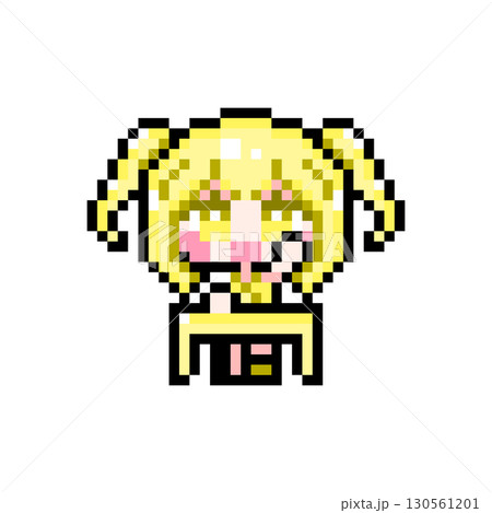 ドット絵キャラクター 机に座って元気に挙手するミニツインテールの女の子 (3) 130561201