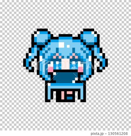 ドット絵キャラクター パソコンをしながら足をパタパタするお団子ツインテールの女の子 (2) 130561208