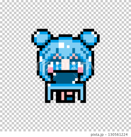Pixel Art Character: A girl with twin bun hair flapping her legs while using a computer (2) 130561224