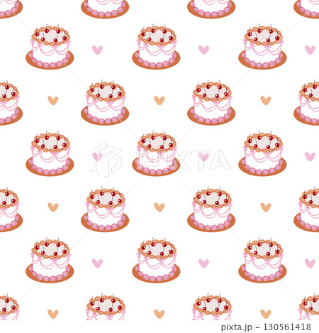 Seamless Cake Pattern with Cherry and Cream Cute Festive Background for Birthday and Wedding Design 130561418