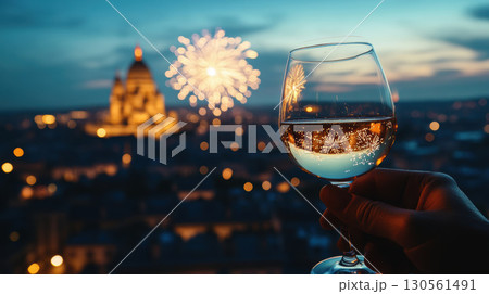 paris hand wine glass cityscape twilight sky hues 130561491