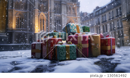 paris scene pile gold designs ribbons green featuring 130561492