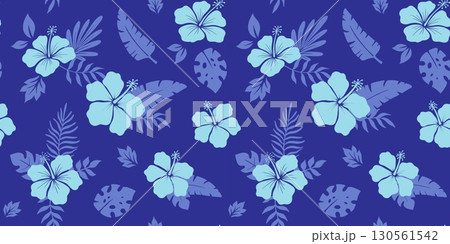 Seamless pattern with hibiscus flower and palm leaf for shirt, floral monochrome vector illustrations, summer hawaiian beach plant on blue backdrop Seamless pattern with hibiscus flower and palm leaf for shirt, floral monochrome vector illustrations, summer hawaiian beach plant on blue backdrop 130561542
