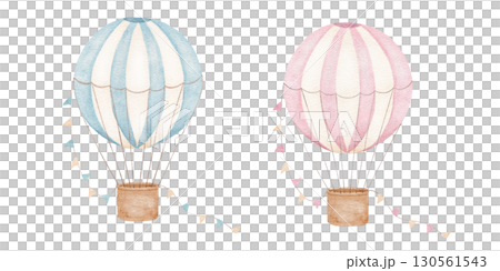 Hot air balloon with flags in blue and pink colors. Watercolor isolated illustrations for poster or card for gender party 130561543