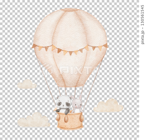 Hot air balloon with cute baby animal and clouds. Bear panda and little bunny, watercolor isolated illustrations for poster or card 130561545