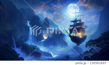 boat sailboat sailing cloud mountain waterfall moon night 130561697