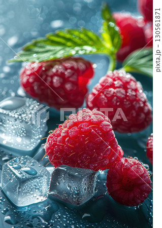 raspberries ice cubes water droplets surface raspberry foreground 130561871