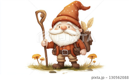cartoonish staff meadow mushrooms gnome backpack portrays standing 130562088