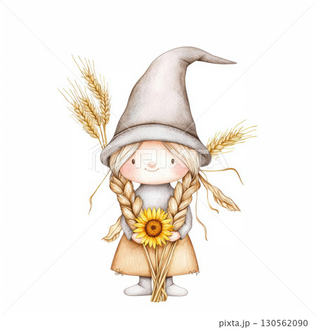 illustration gnomelike character sunflower wheat ears hat expression 130562090