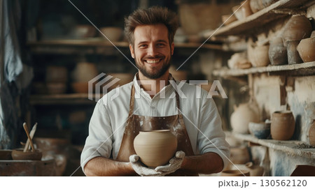 man pottery workshop clay pot shirt hands brown 130562120