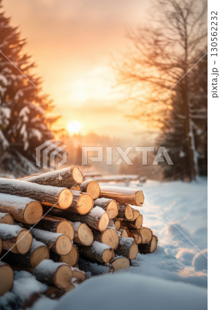 logs landscape sunset snow scene closeup snowy sun 130562232