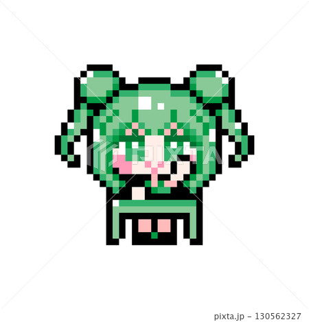 ドット絵キャラクター 机に座って挙手するお団子ツインテールの女の子 (5) 130562327
