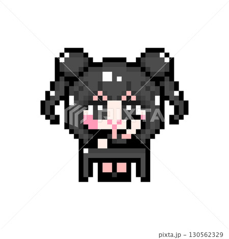 ドット絵キャラクター 机に座って挙手するお団子ツインテールの女の子 (6) 130562329