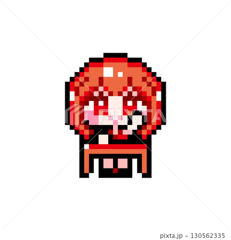 ドット絵キャラクター 机に座って挙手するショートヘアの女の子 (4) 130562335