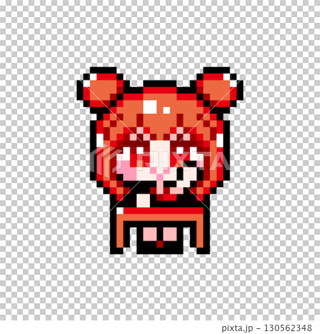 Pixel art character: A girl with twin bun hair sitting at a desk and raising her hand (4) 130562348