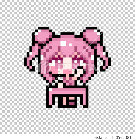 Pixel art character: A girl with twin tails and a bun sitting at a desk and raising her hand enthusiastically (1) Pixel art character: A girl with twin tails and a bun sitting at a desk and raising her hand enthusiastically (1) 130562381