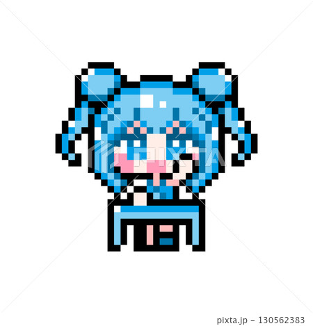 ドット絵キャラクター 机に座って元気に挙手するお団子ツインテールの女の子 (2) 130562383