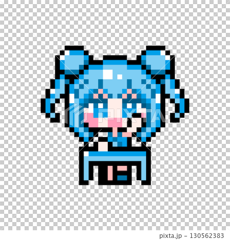 ドット絵キャラクター 机に座って元気に挙手するお団子ツインテールの女の子 (2) 130562383