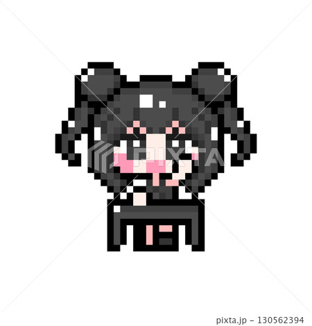 ドット絵キャラクター 机に座って元気に挙手するお団子ツインテールの女の子 (6) 130562394