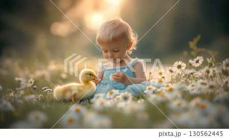child dress field daisies scene light dreamy atmosphere 130562445