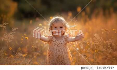 girl field grasses sun stands bathed glow setting 130562447