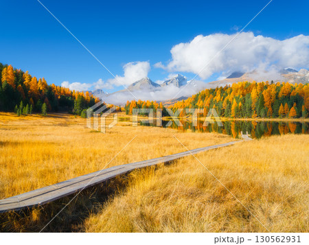 Lake and a small pier. Autumn landscape in Switzerland. Clouds and fall forest. 130562931