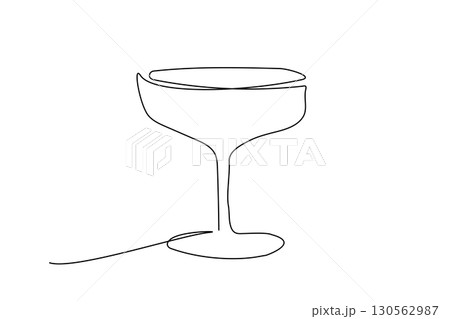 Continuous one line drawing of glass. Wine, cocktail, champagne glass black icon. Abstract hand drawn logo. Graphic simple illustration. Isolated on white background. 130562987