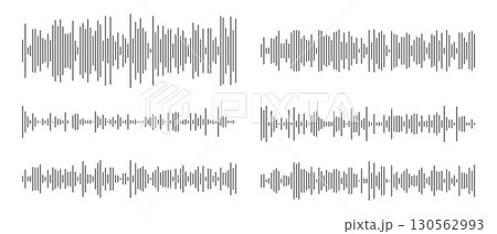 Equalizer symbol. Voice message template set. Audio chat speech sound wave icons. Element for mobile messenger, podcast online radio interface, music player, app. Waveform pattern graphic illustration Equalizer symbol. Voice message template set. Audio chat speech sound wave icons. Element for mobile messenger, podcast online radio interface, music player, app. Waveform pattern graphic illustration 130562993