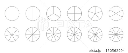 Segmented charts collection isolated on a white background. Many number of sectors divide the circle on equal parts. Outline black thin graphics. Set of pie charts. 130562994