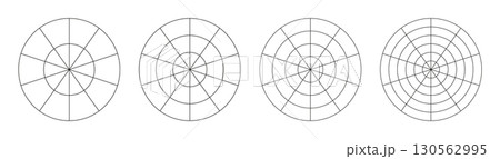 Wheel of life graph templates. Simple coaching tool for visualizing all areas of life. Polar grids with segments and concentric circles. Circle diagrams of life style balance. Blank polar graph paper. 130562995