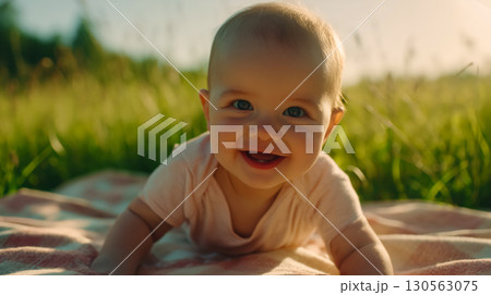 Smiling baby crawls on picnic blanket in countryside meadow with tall grass and warm sunlight; baby expression is joyful as baby scene radiates innocence and summer peace 130563075