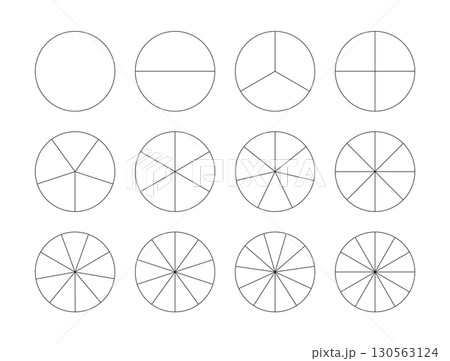 Segmented charts. Pizza, pie chart template. Segments infographic icons. Many number of sectors divide the circle on equal parts. Outline black thin graphics. Set of charts. Diagram wheel parts.  130563124