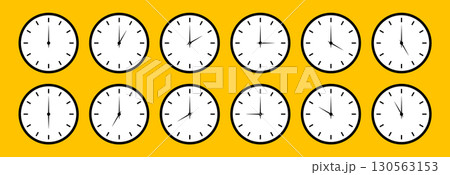 Clock icons set. Round clocks faces with different time. Time graphic symbol. Watch face flat illustration.  130563153