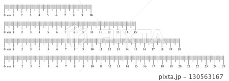 Collection measuring charts with 10,15, 20, 25 centimeters. Set of eps templates rulers scale with numbers. Length measurement math, distance, height, sewing tools. Vector illustration. 130563167