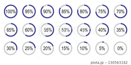 Percentage infographics elements. Round diagrams icons pattern for infographics from 0 to 100 percent. Lilac, grey color fill divided pie charts indicator layout. Circle graph loading progress mockup. 130563182