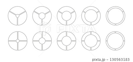 Wheels round divided, three, four sections. Outline donut charts, pies segmented on 3, 4 equal parts. Diagrams infographic set. Circle section graph. Pie chart simple icons. Geometric vector elements. 130563183