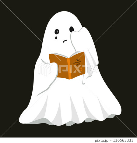 Cute ghost reading book crying on the story and wiping the tears with a sheet. Sentimental phantom spirit sitting with novel. Halloween character isolated vector illustration 130563333