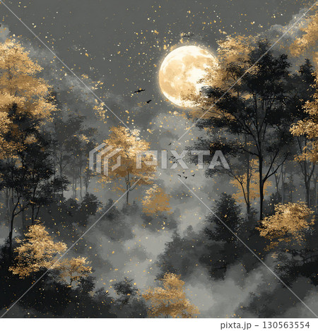 満月に照らされた霧と黄金の木々の幻想風景 130563554