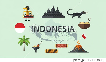 Indonesia Travel and Culture Vector Illustration with Famous Landmarks Indonesia Travel and Culture Vector Illustration with Famous Landmarks 130563808