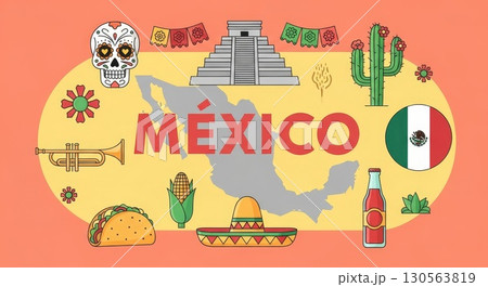 Mexico Cultural Symbols Vector Illustration with Map and Traditional Elements 130563819