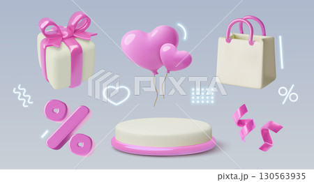 3D Sale pink design elements and neon glow decorative shapes collection three dimensional object set 130563935